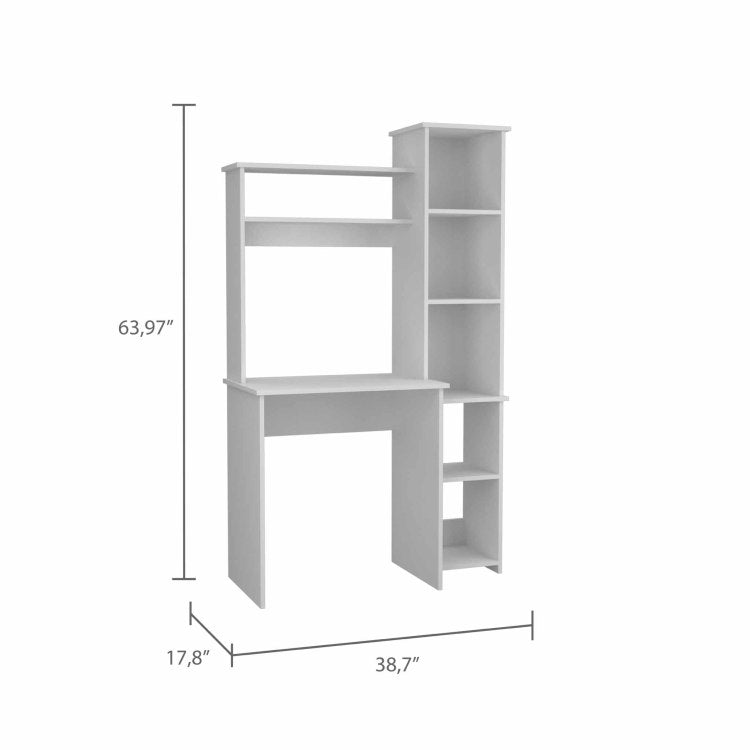 White 6 Shelf Writing Desk With Built In Bookcase