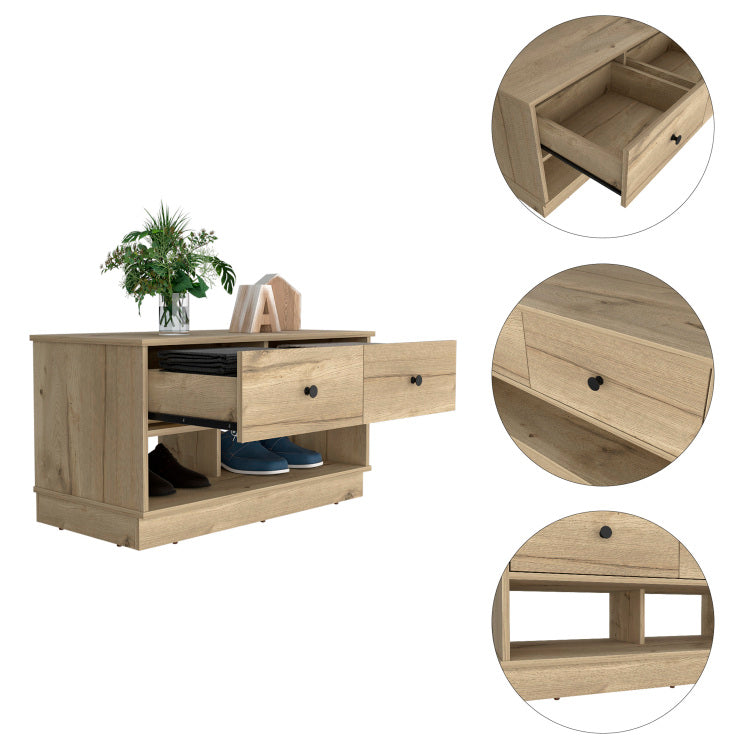 Light Oak Rectangle 2 Shelf 2 Drawer Storage Bench