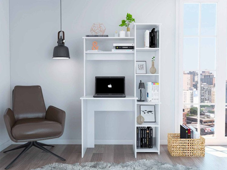 White 6 Shelf Writing Desk With Built In Bookcase