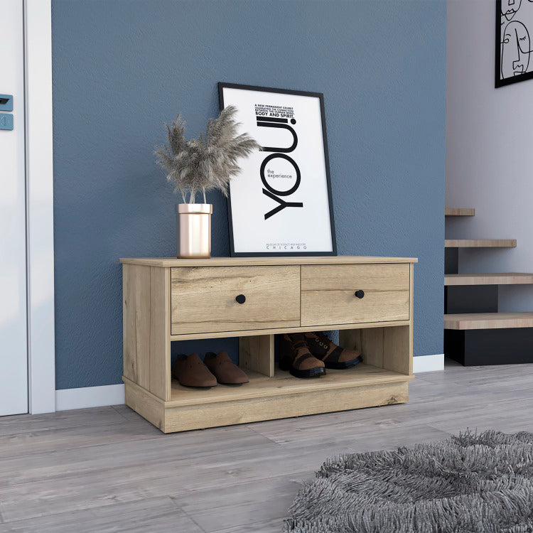 Light Oak Rectangle 2 Shelf 2 Drawer Storage Bench