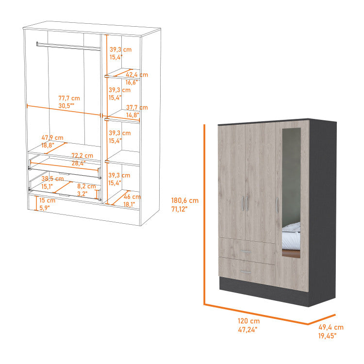 Wenge Rock 2 Drawer Small Armoire With Mirror Door Wenge And Light Gray