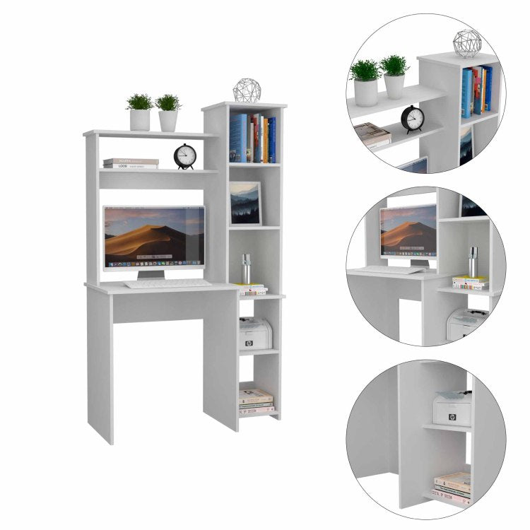 White 6 Shelf Writing Desk With Built In Bookcase