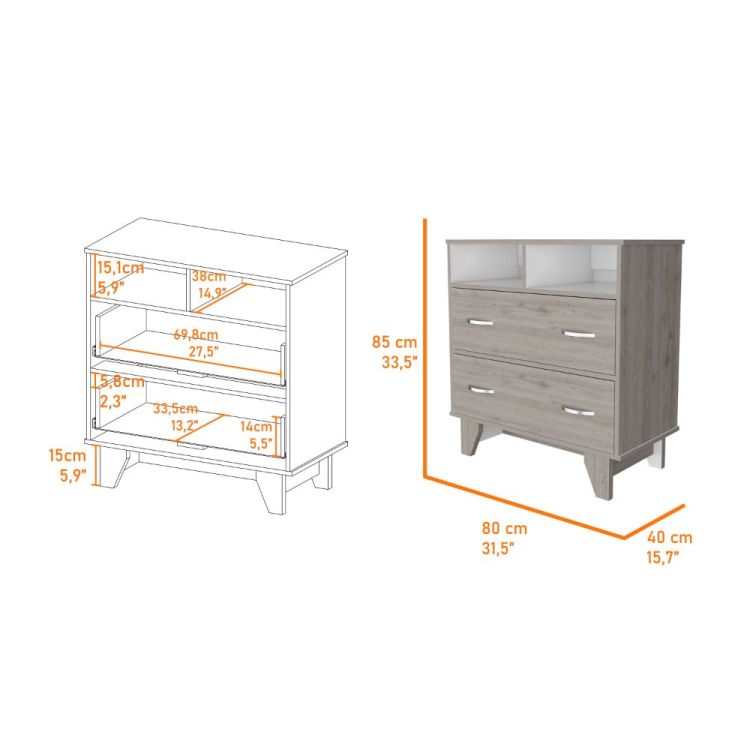 Aaron 2 Drawer 2 Shelf Dresser Light Gray