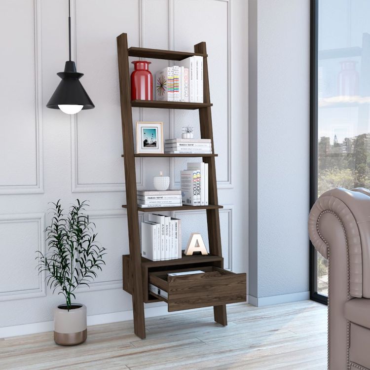 Haven 1 Drawer 4 Shelf Ladder Bookcase Dark Walnut