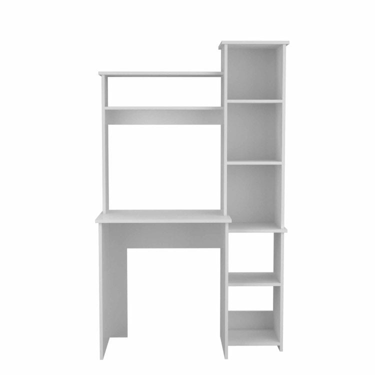 White 6 Shelf Writing Desk With Built In Bookcase