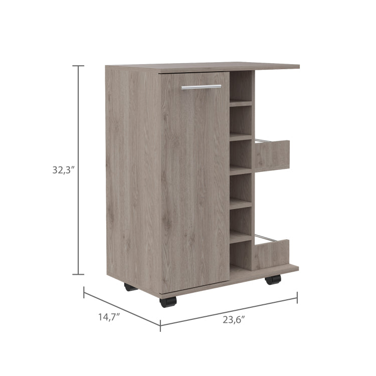 Light Oak 2 Shelf 6 Bottle Bar Cart With Division