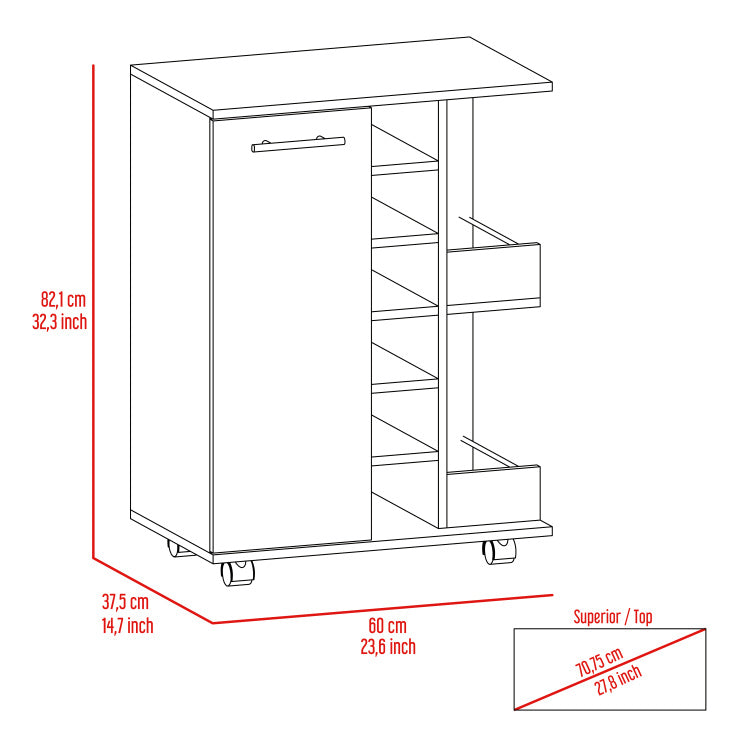 Light Oak 2 Shelf 6 Bottle Bar Cart With Division