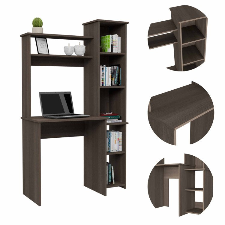 Smokey Oak 6 Shelf Writing Desk With Built In Bookcase