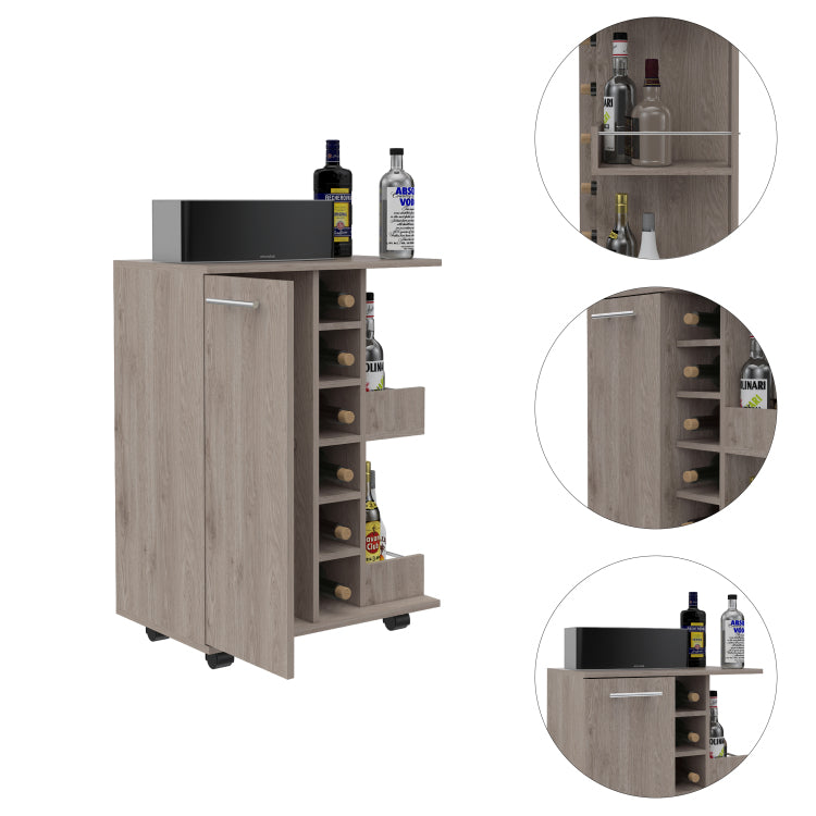 Light Oak 2 Shelf 6 Bottle Bar Cart With Division