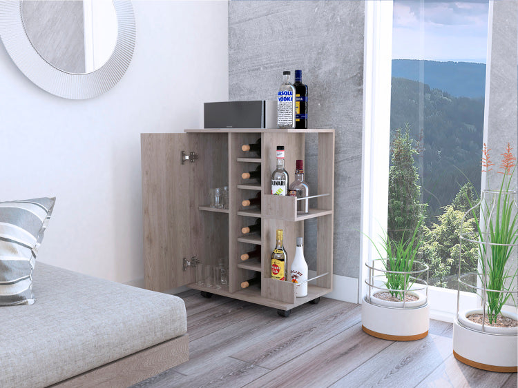 Light Oak 2 Shelf 6 Bottle Bar Cart With Division