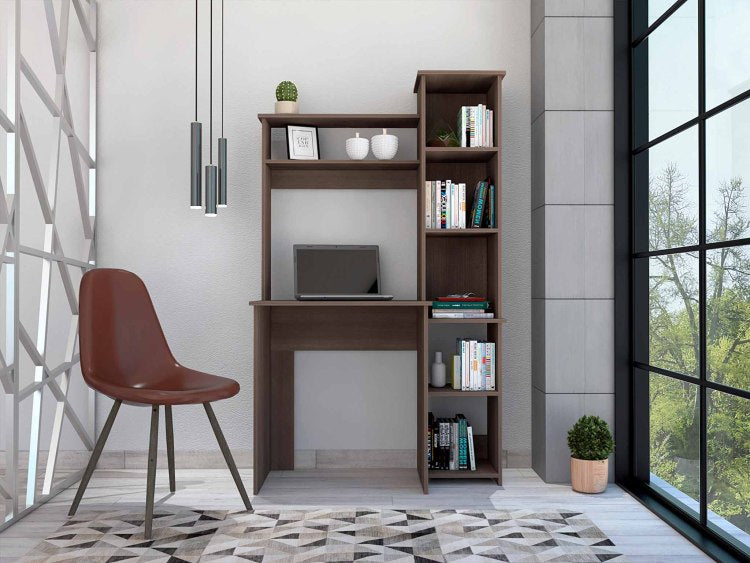 Smokey Oak 6 Shelf Writing Desk With Built In Bookcase