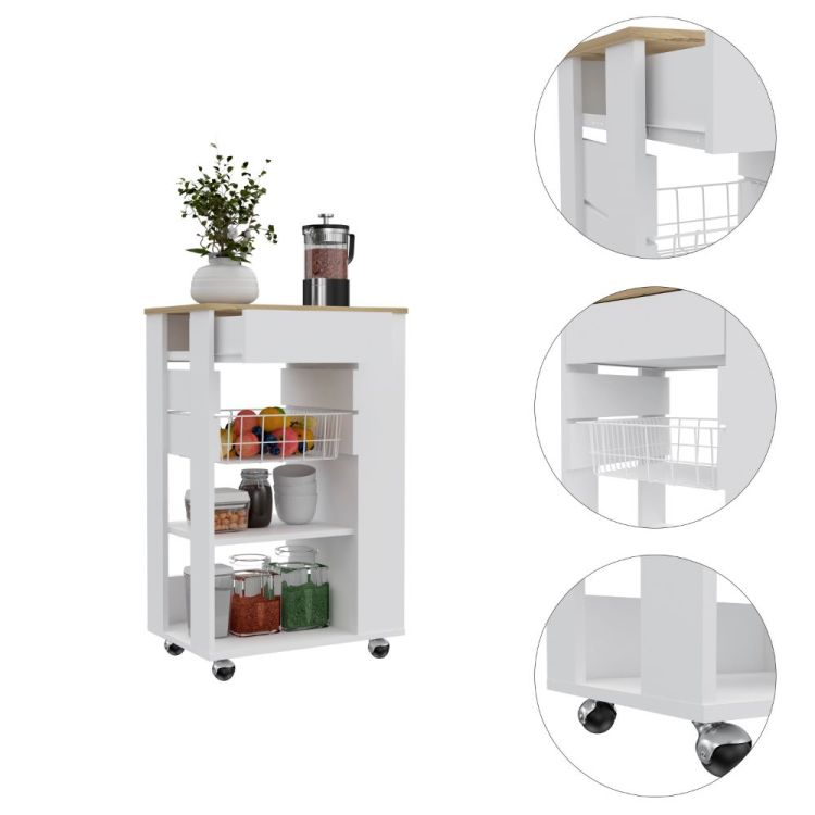 White And Light Oak 5 Shelf 1 Drawer Kitchen Cart
