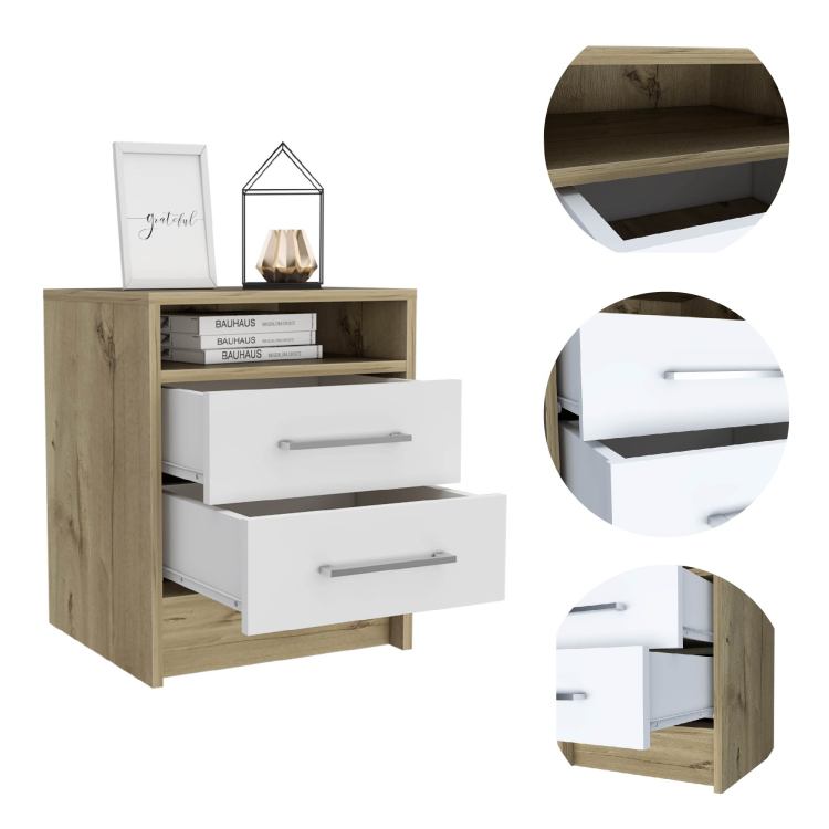 White And Light Oak 2 Drawer 1 Shelf Rectangle Nightstand