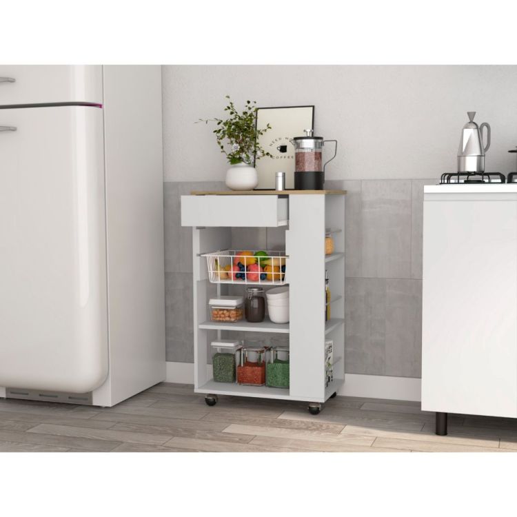 White And Light Oak 5 Shelf 1 Drawer Kitchen Cart
