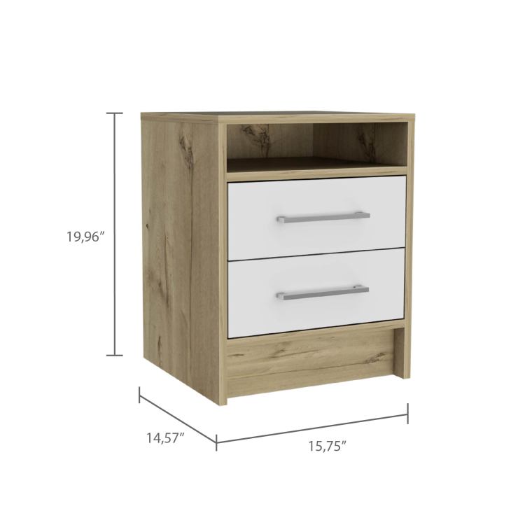 White And Light Oak 2 Drawer 1 Shelf Rectangle Nightstand