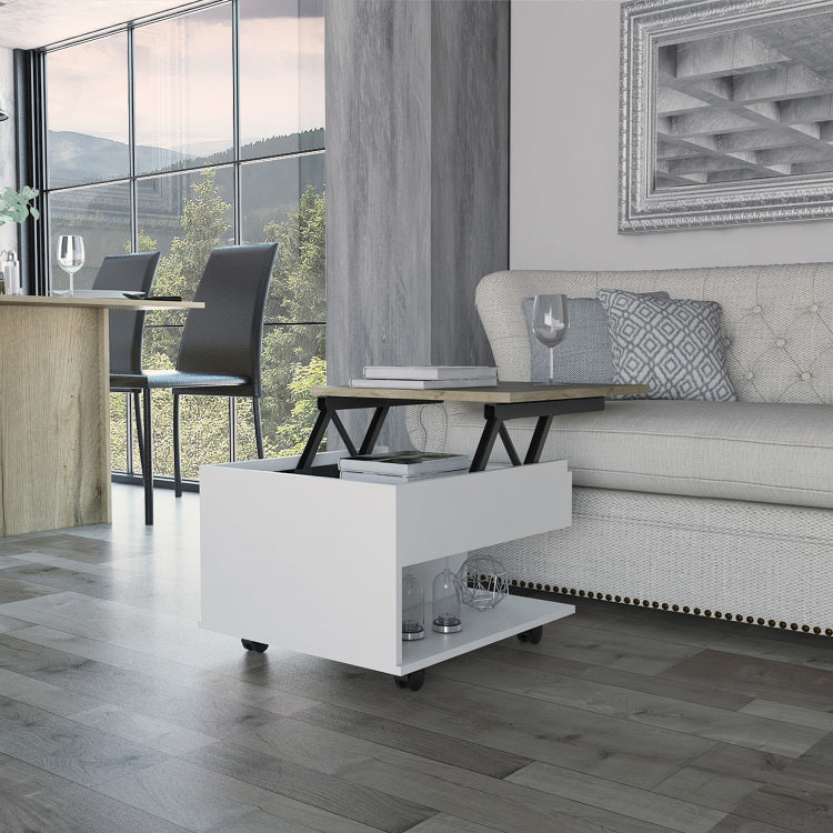 White And Light Oak 1 Drawer 1 Shelf Lift Top Coffee Table