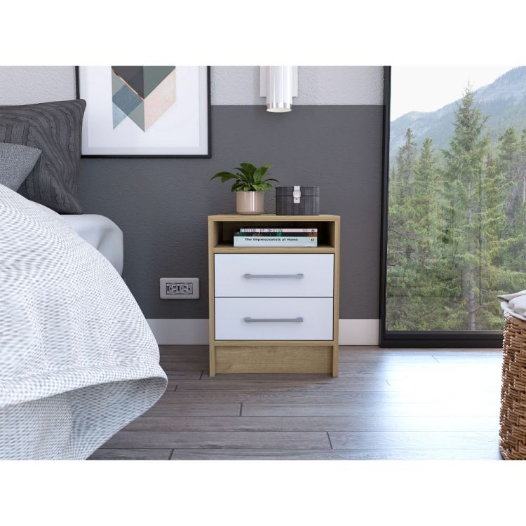 White And Light Oak 2 Drawer 1 Shelf Rectangle Nightstand