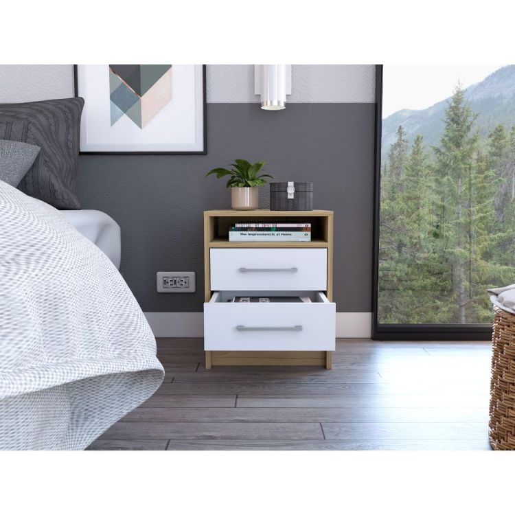 White And Light Oak 2 Drawer 1 Shelf Rectangle Nightstand