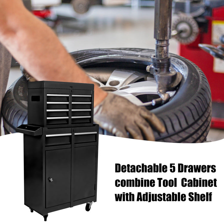 Rolling Tool Chest, 5 Drawer Tool Box Organizer W Lockable Wheels & Sliding Drawers & Detachable Top & Adjustable Shelf, Tool Storage Cabinet For Garage Workshop Black