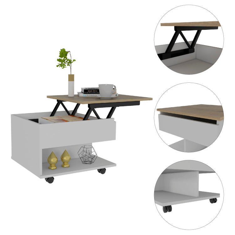White And Light Oak 1 Drawer 1 Shelf Lift Top Coffee Table