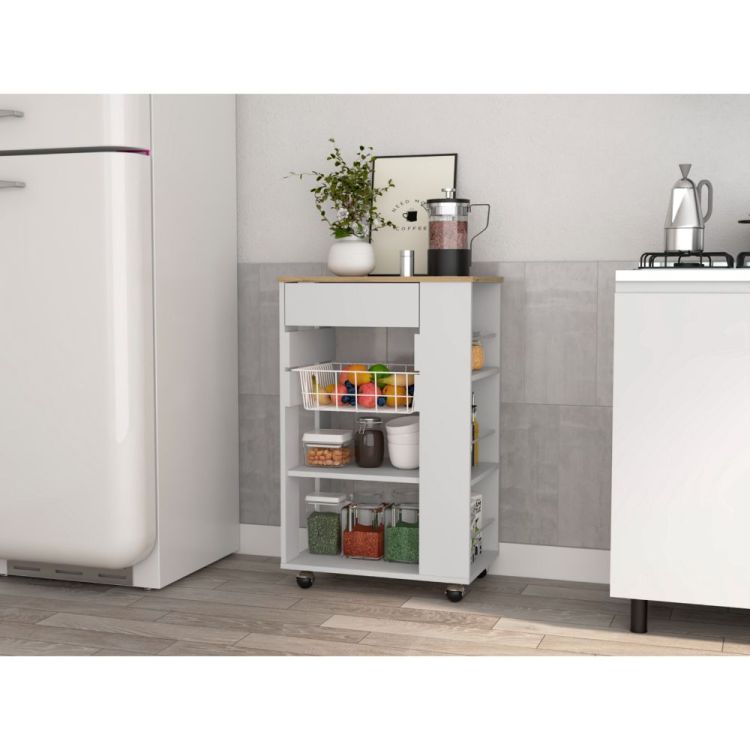 White And Light Oak 5 Shelf 1 Drawer Kitchen Cart