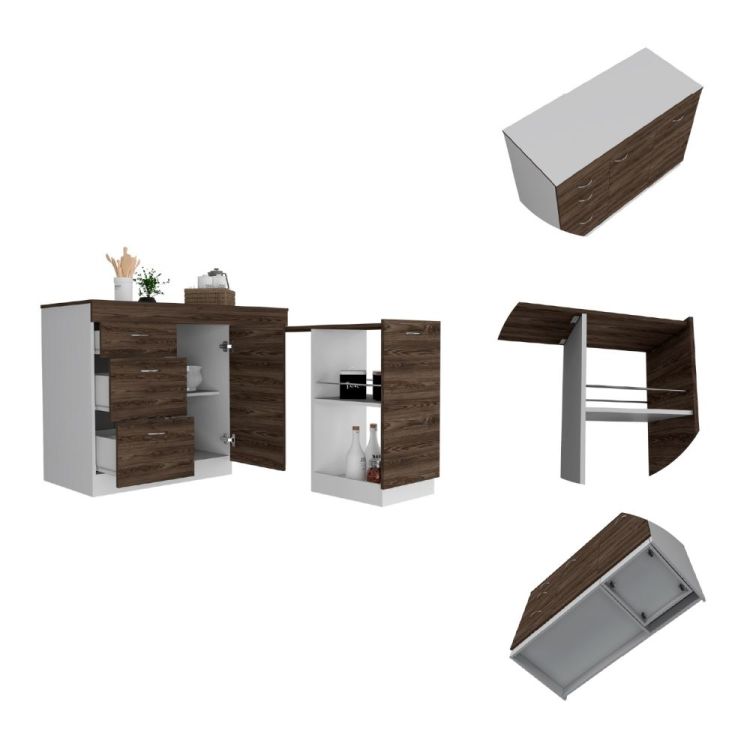 Laurel 3 Drawer L Shaped Convertible Kitchen Island White And Dark Walnut