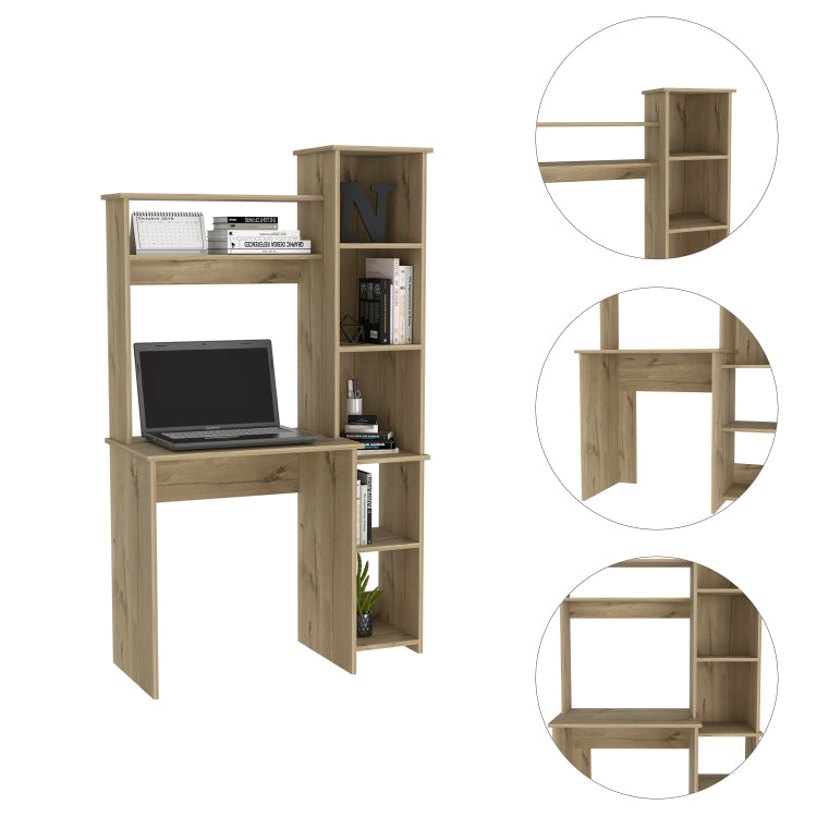 Light Oak 6 Shelf Writing Desk With Built In Bookcase