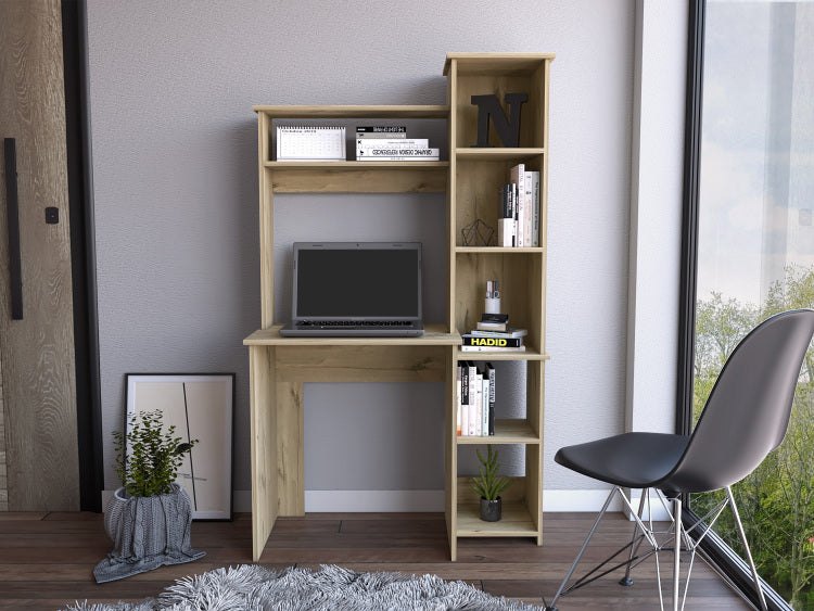 Light Oak 6 Shelf Writing Desk With Built In Bookcase