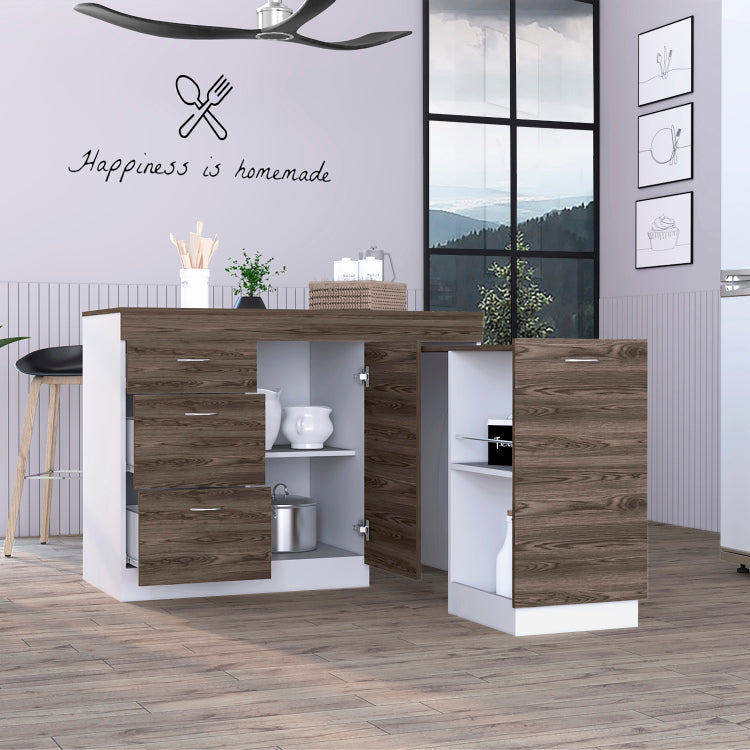 Laurel 3 Drawer L Shaped Convertible Kitchen Island White And Dark Walnut