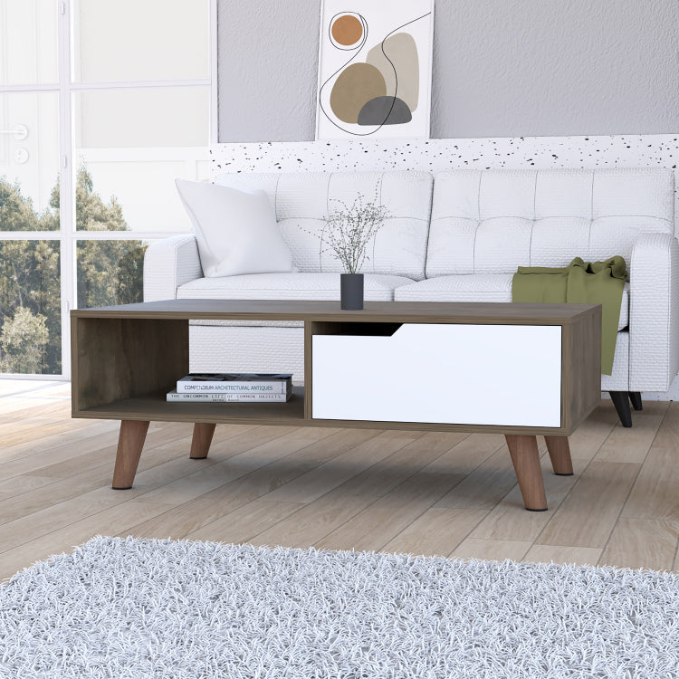 Dark Brown And White 1 Drawer 1 Shelf Rectangle Coffee Table