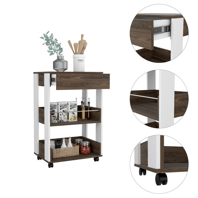 White And Dark Walnut 1 Drawer 2 Shelf Kitchen Cart With Caster