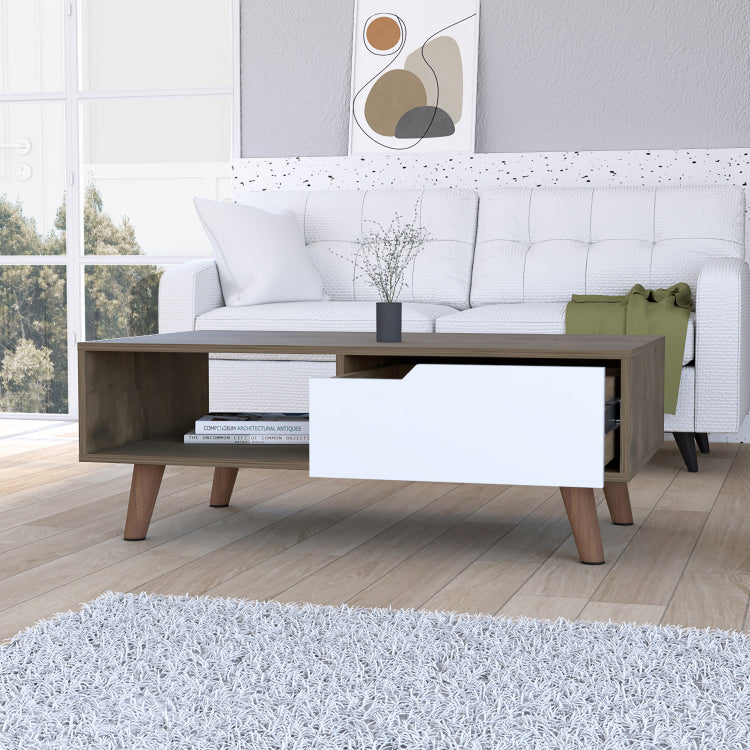 Dark Brown And White 1 Drawer 1 Shelf Rectangle Coffee Table