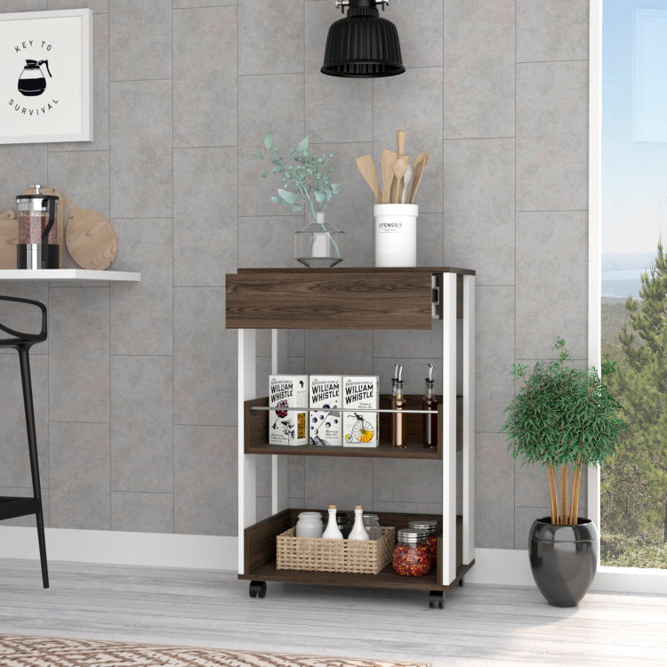 White And Dark Walnut 1 Drawer 2 Shelf Kitchen Cart With Caster