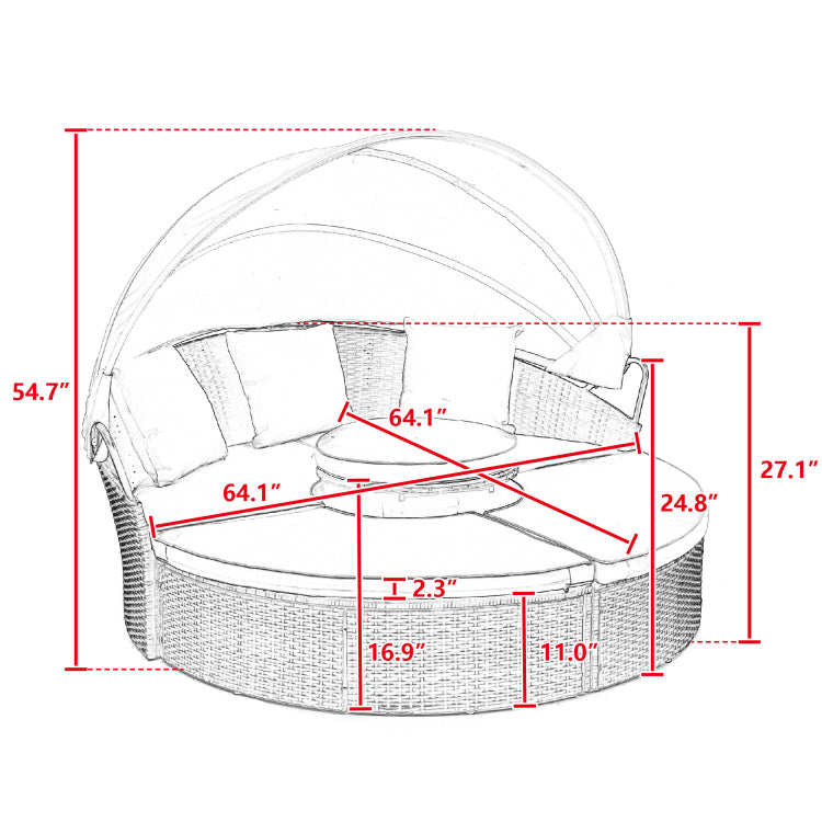 Kd Rattan Round Lounge With Canopy Bali Canopy Bed Outdoor, Wicker Outdoor Sofa Bed With Lift Coffee Table