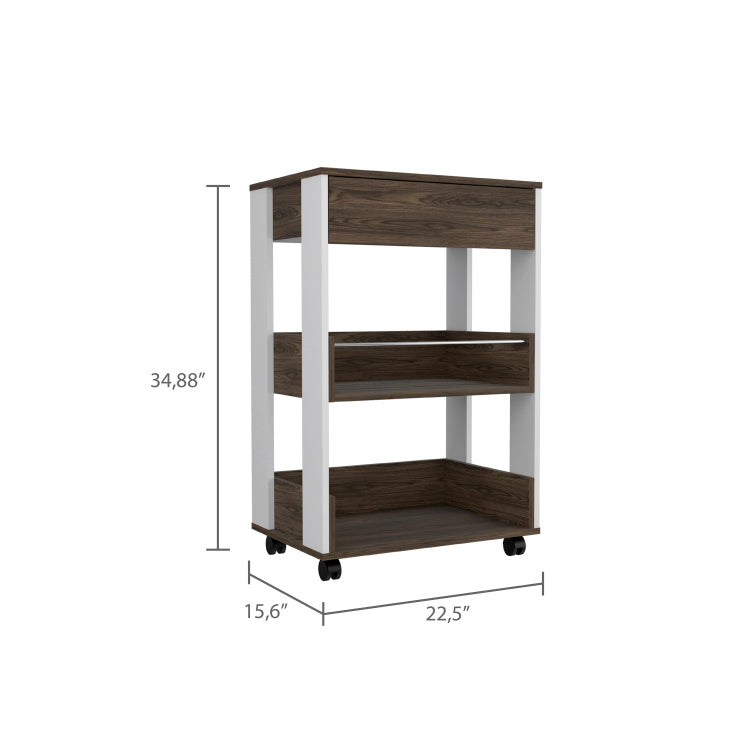 White And Dark Walnut 1 Drawer 2 Shelf Kitchen Cart With Caster