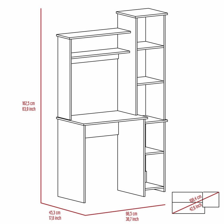Light Grey 6 Shelf Writing Desk With Built In Bookcase