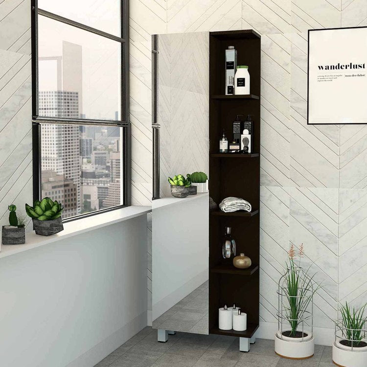 Wenge 5 Shelf Linen Cabinet With Mirror