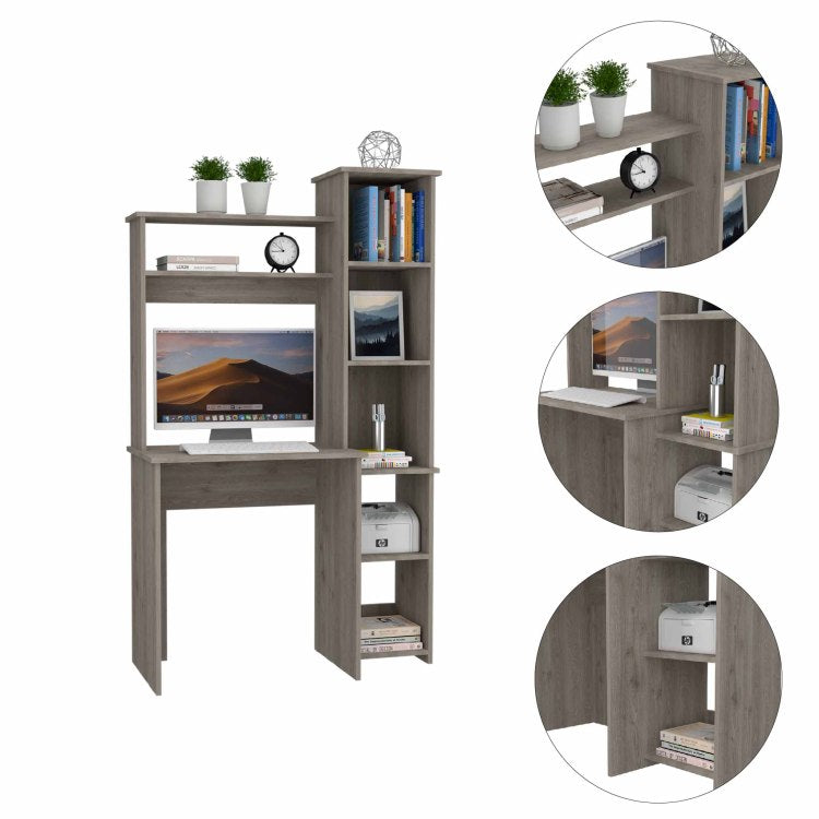 Light Grey 6 Shelf Writing Desk With Built In Bookcase