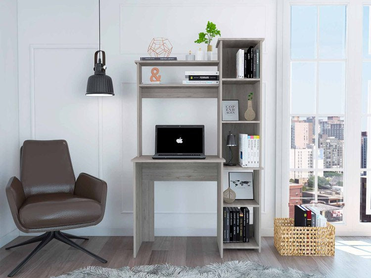 Light Grey 6 Shelf Writing Desk With Built In Bookcase