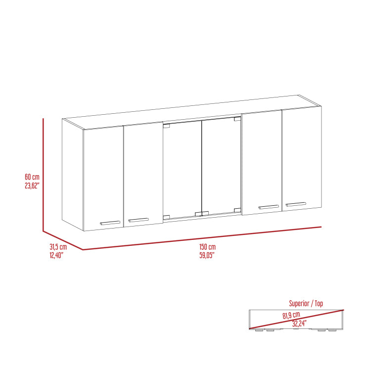Shelton 59 Inch Two Center Glass Doors Wall Cabinet White