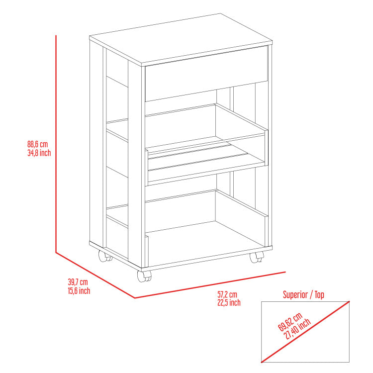 White And Dark Walnut 1 Drawer 2 Shelf Kitchen Cart With Caster