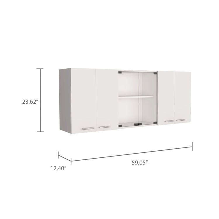 Shelton 59 Inch Two Center Glass Doors Wall Cabinet White