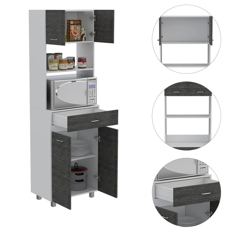 Pembrooke 2 Shelf 1 Drawer Microwave Pantry Cabinet Smokey Oak And White