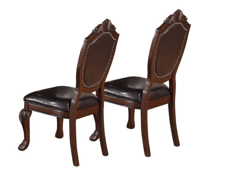 Royal Majestic Formal Set Of 2 Side Chairs Brown Color Rubberwood Dining Room Furniture Intricate Design Faux Leather Upholstered Seat