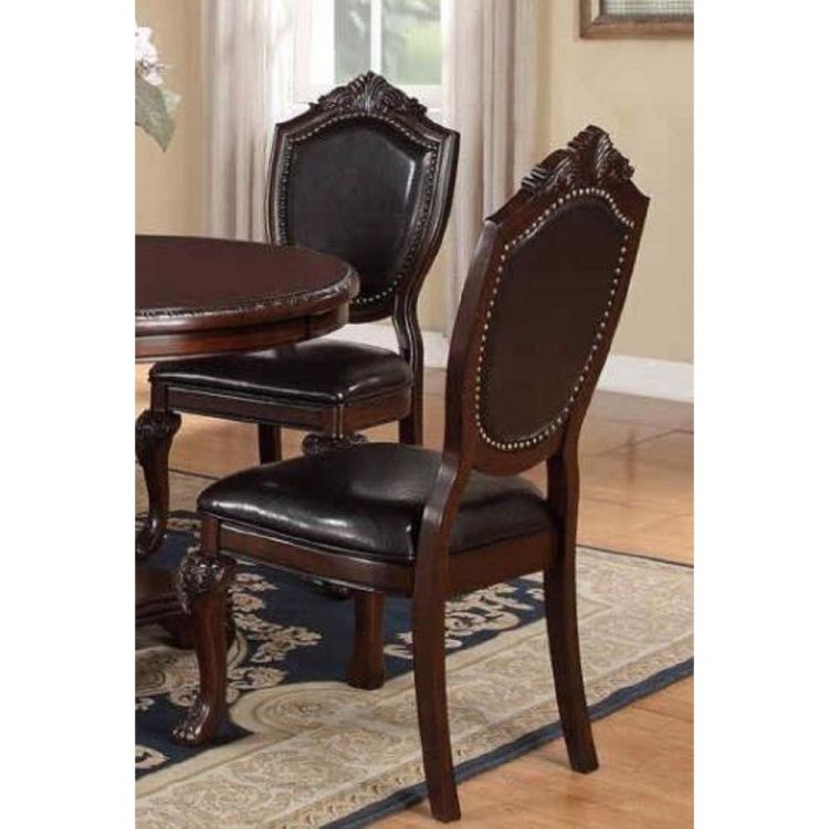 Royal Majestic Formal Set Of 2 Side Chairs Brown Color Rubberwood Dining Room Furniture Intricate Design Faux Leather Upholstered Seat