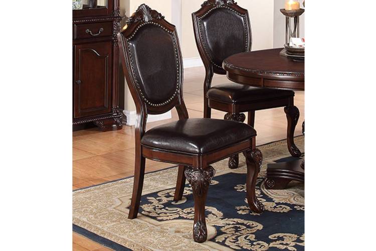 Royal Majestic Formal Set Of 2 Side Chairs Brown Color Rubberwood Dining Room Furniture Intricate Design Faux Leather Upholstered Seat