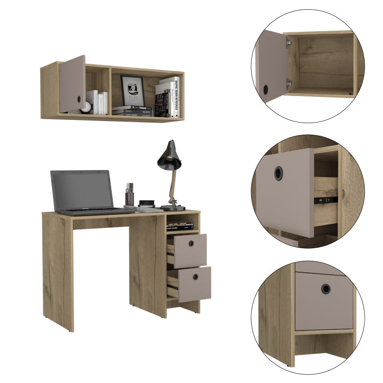Light Oak And Taupe 2 Shelf 3 Drawer 2 Piece Office Set