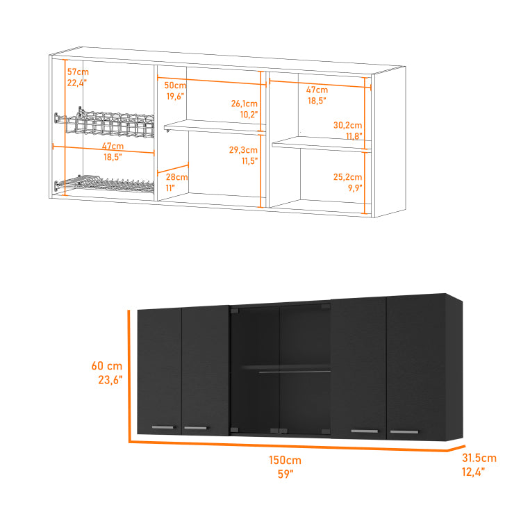 59 Inch Two Center Glass Doors Wall Cabinet Wenge