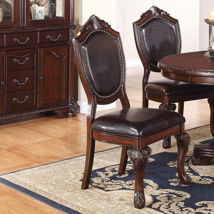 Royal Majestic Formal Set Of 2 Side Chairs Brown Color Rubberwood Dining Room Furniture Intricate Design Faux Leather Upholstered Seat