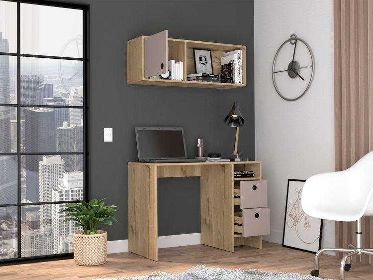 Light Oak And Taupe 2 Shelf 3 Drawer 2 Piece Office Set